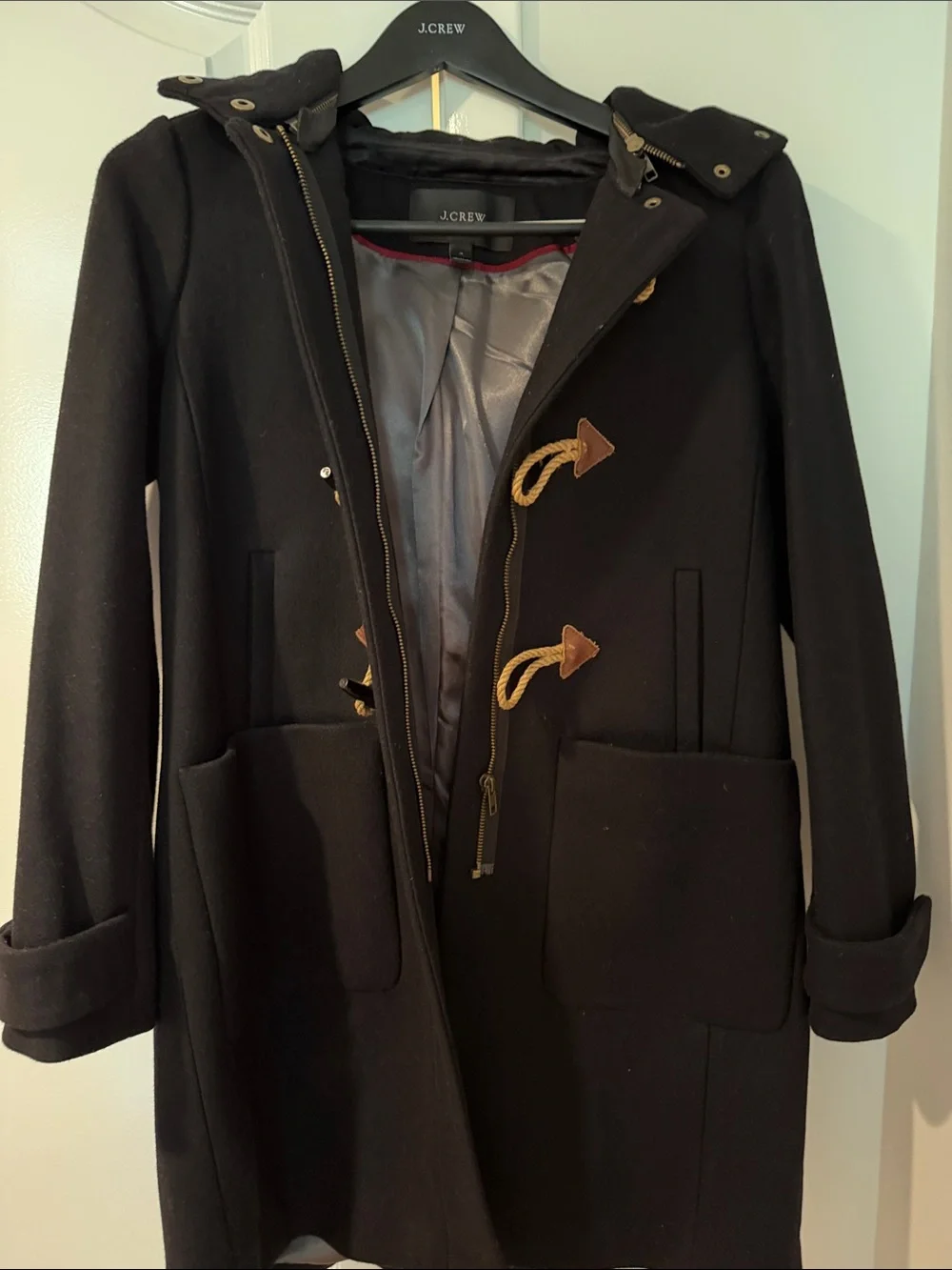 J. Crew Men’s Black Wool Hooded Toggle Pea Coat - Picture 1 of 3